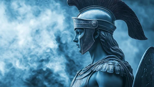 Stoic armored warrior gazes into swirling blue mist