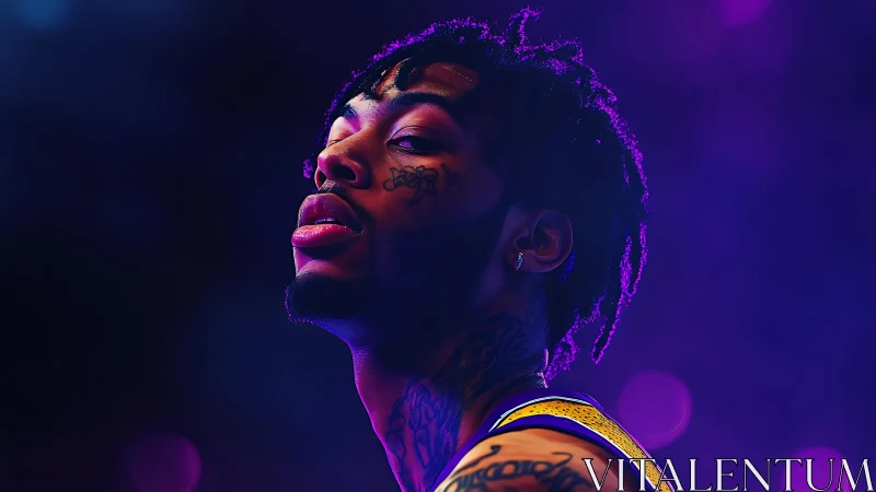 Neon-lit digital portrait of tattooed athlete in profile pose