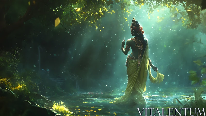 Divine figure in green robes standing in luminous forest pool.