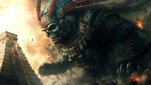 Colossal skeletal warrior beside stepped pyramid in smoke.