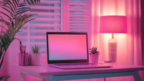Bicolor LED lit workspace with laptop and graded ambient glow.