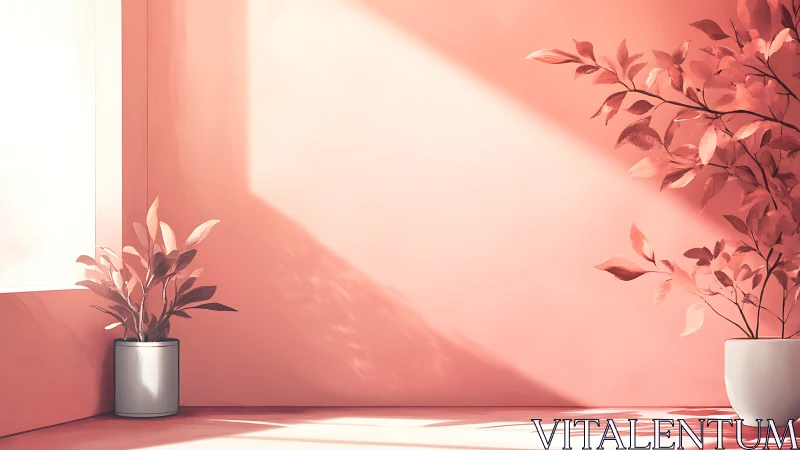 Potted foliage in sunlit corner of monochrome interior wall.