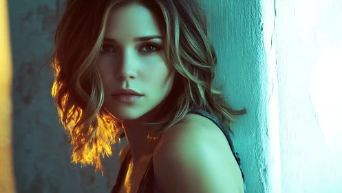 Softly lit portrait of a young woman in glowing teal light.