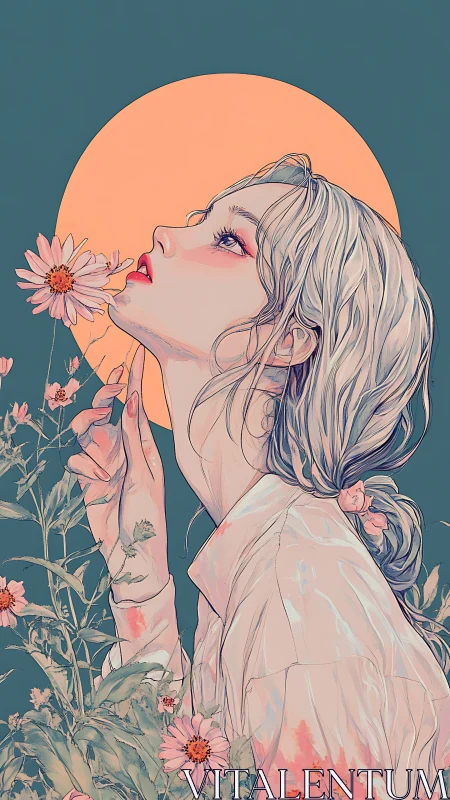Dreamy floral muse gazing upward beneath pastel sun.