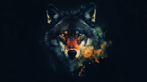 Digital wolf portrait uses bilateral color contrast and darkness