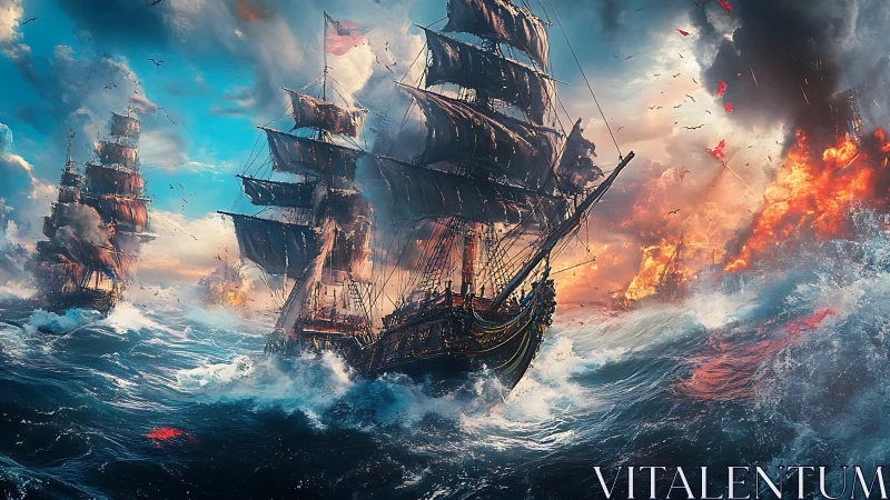 Sailing warships in stormy sea amid coastal fire and smoke.