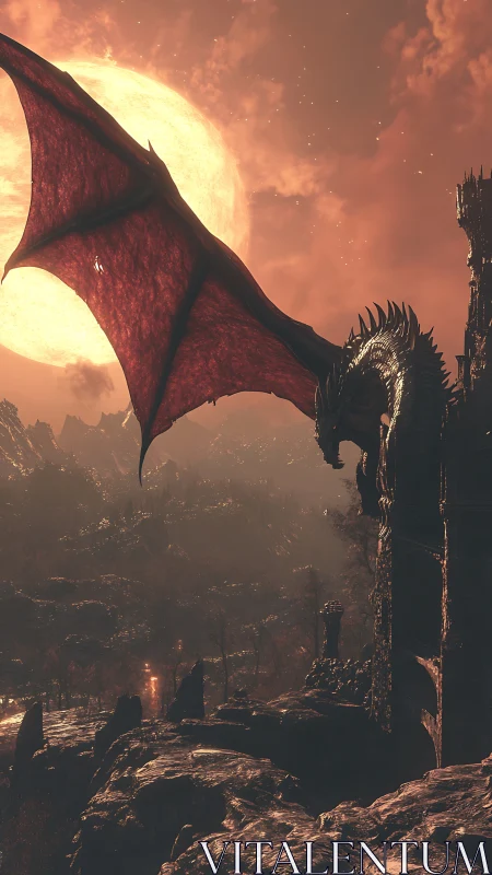 Midnight dragon keeping quiet watch beneath a molten moon.