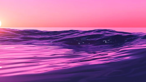 Pink horizon over stylized violet ocean waves at sunset.