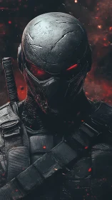 Cyberpunk tactical assassin portrait with molten embers focus.