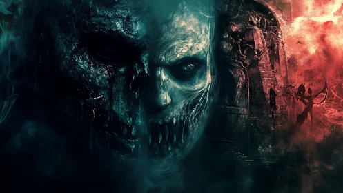 Bifurcated skull visage with infernal ruin background.