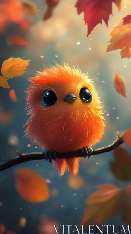 Fluffy orange bird gazes up amid softly glowing autumn leaves