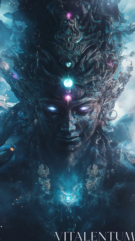 Mythic cosmic deity portrait with glowing central chakras