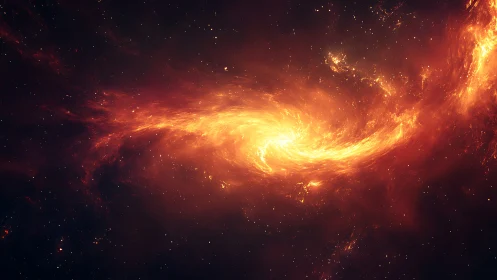 Fiery spiral nebula curves through dense starfield void