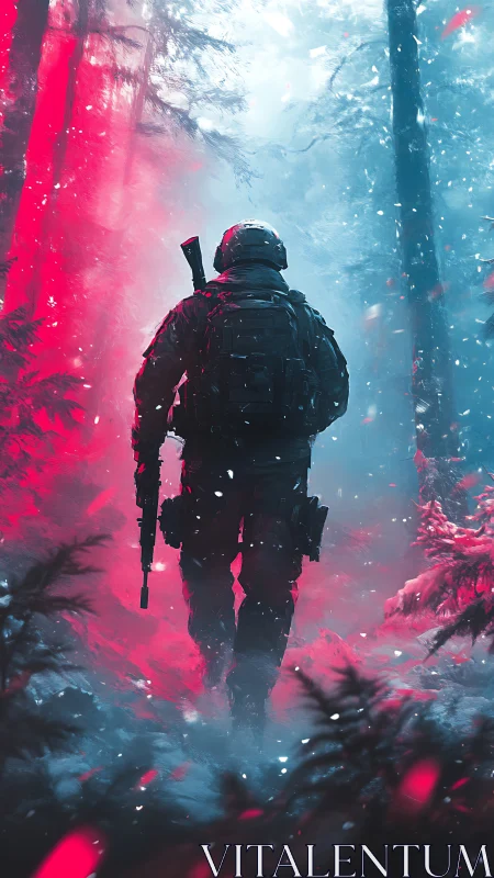 Lone soldier strides through neon-lit winter battlefield.