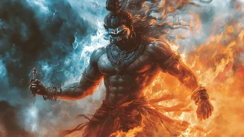 Mythic warrior strides through fire and storm in fury