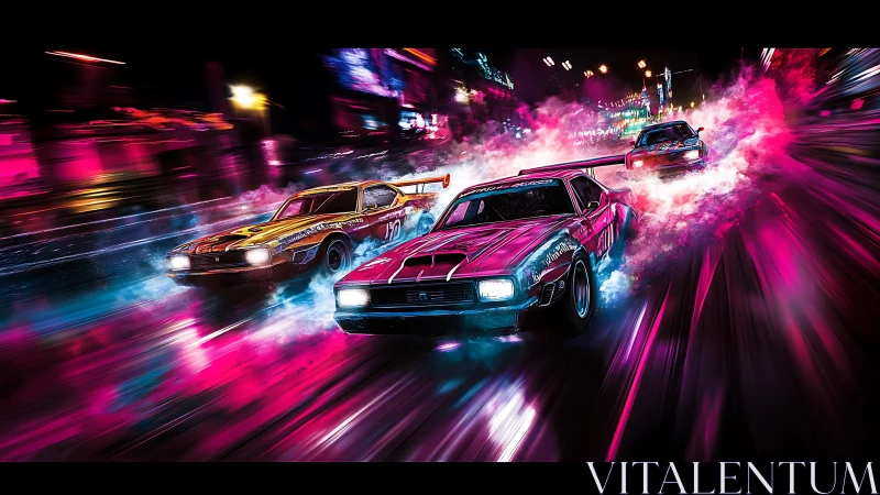 Retro muscle cars race through neon soaked cyberpunk city streets