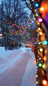Snowy residential path lined with multicolored string lights.