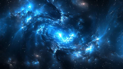 Stellar vortex glows within deep blue cosmic nebula field.