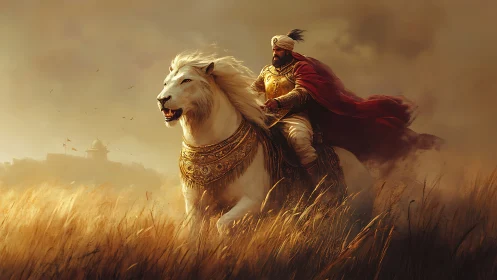 Digital painting of regal warrior on white lion in golden field.