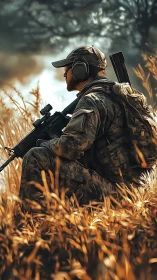 Soldier in camo gear kneeling with rifle in tall dry grass.