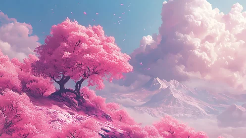 Dreamlike pink blossom hill beneath pastel cloud peaks.