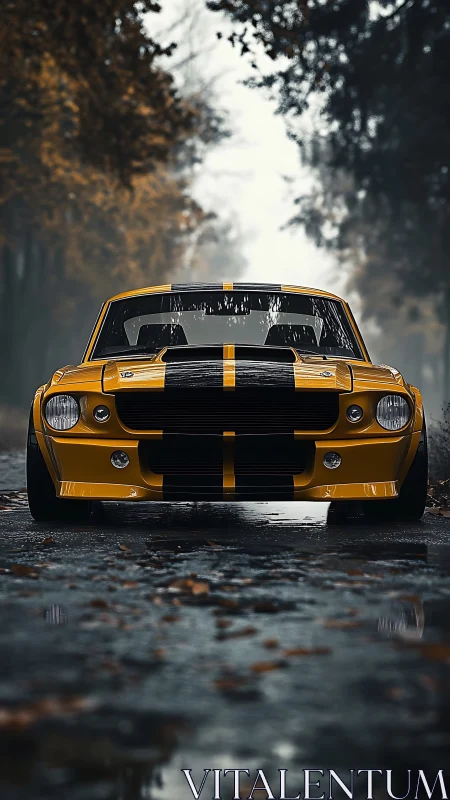 Yellow classic muscle car on wet forest road in autumn.