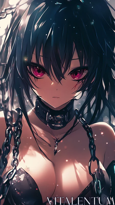 Dark haired anime woman with collar and hanging chains.