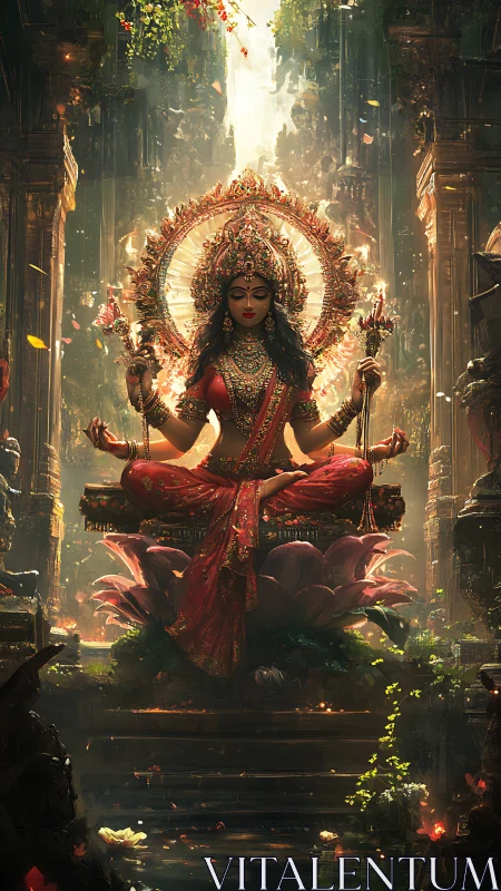 Radiant goddess meditates on lotus in glowing temple sanctuary.