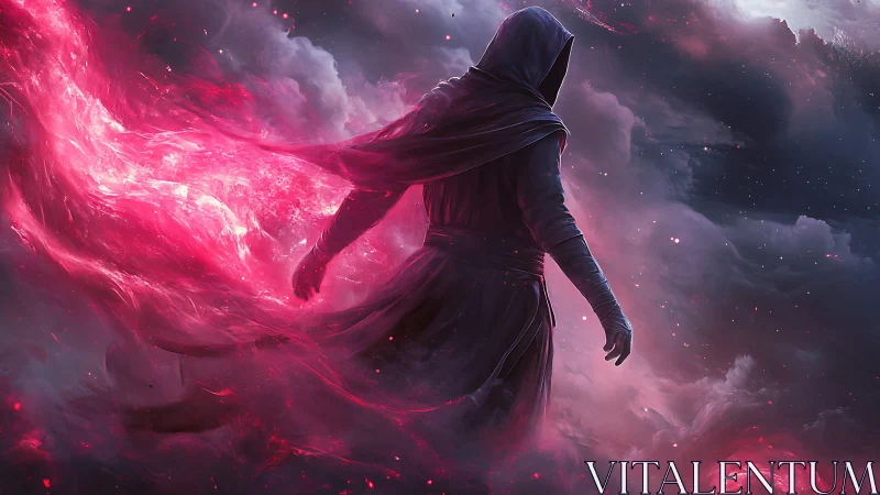 Hooded mage walks through swirling red cosmic energy.