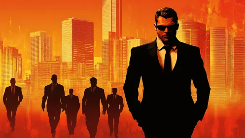 Suited men in silhouette against vivid orange city skyline.