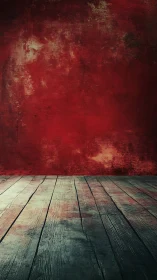 Weathered red studio wall with distressed wood floor.