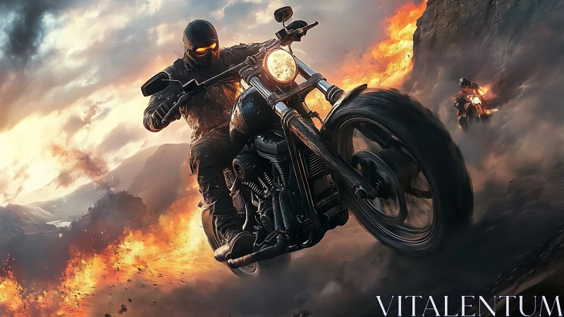 Dynamic digital painting of armored riders in flaming pursuit.