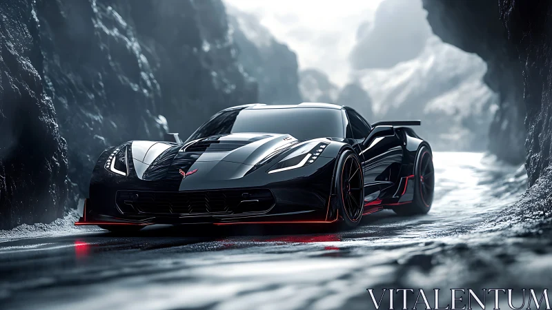 Sleek black supercar slicing through icy mountain pass.