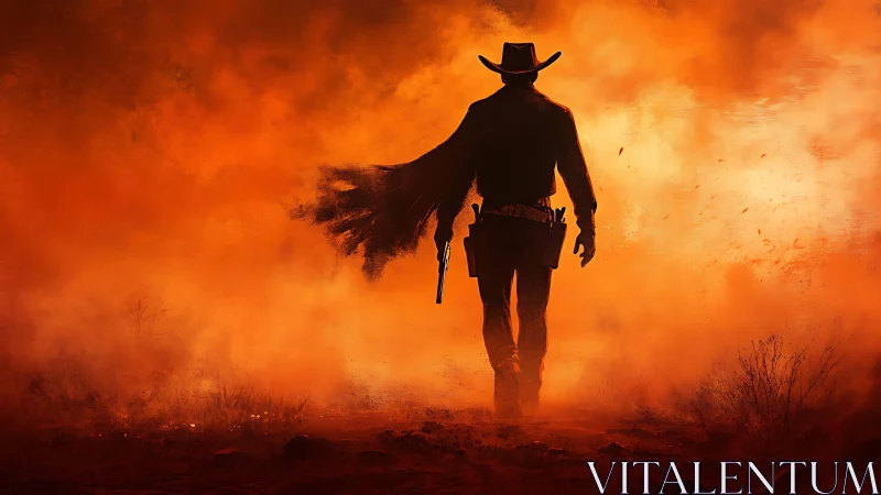 Lone cowboy strides through blazing sunset dust and silence