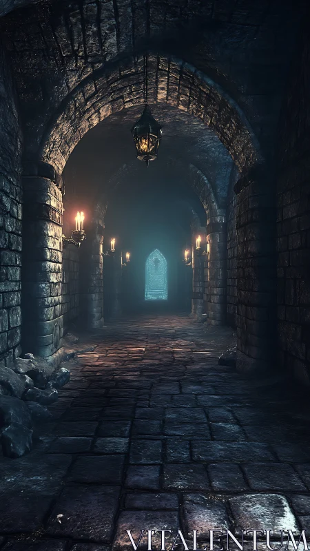 Dungeon corridor under torchlight with distant iron gate.