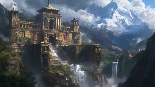 Mountain citadel above waterfalls in lush valley.