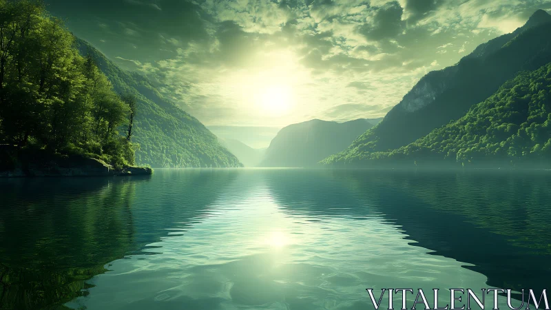 Emerald mountain lake sunrise with mirrored water reflections.