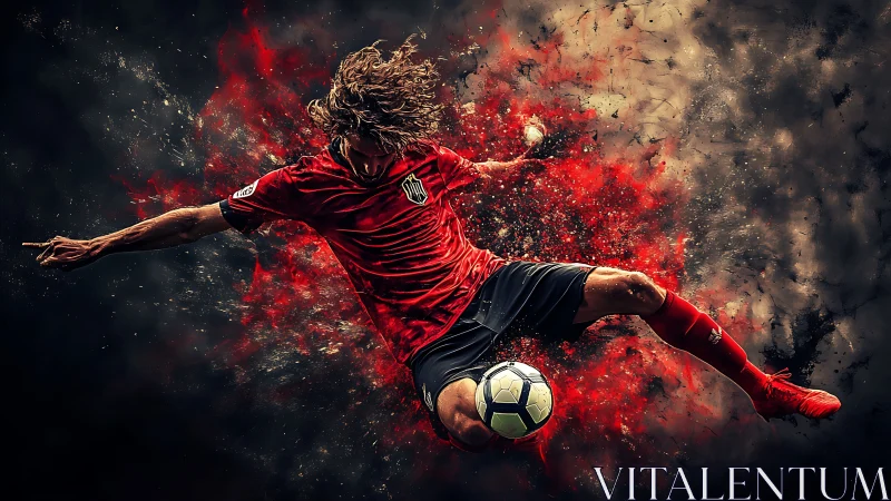 Digital soccer player mid-kick with abstract red effects.