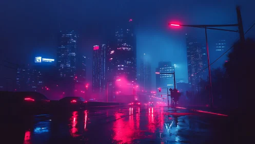 Neon-lit rainy city street with high-rise skyline at night.