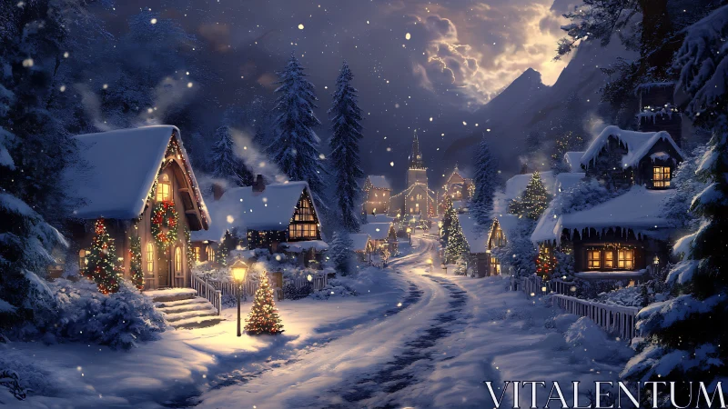 Snowy village glows with warm Christmas lights at night.