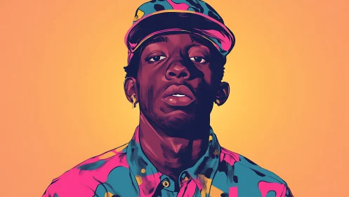 Electric street portrait in neon splatter against sunset gold.