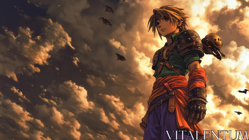 Armored anime warrior stands against dramatic sunset sky.