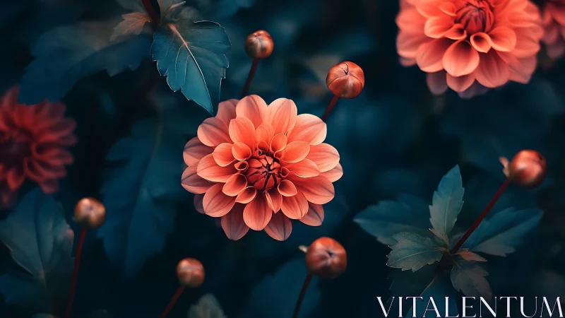 Coral Dahlias Bloom in Teal Reverie.