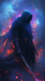 Hooded sword figure amid blue and red energy field.