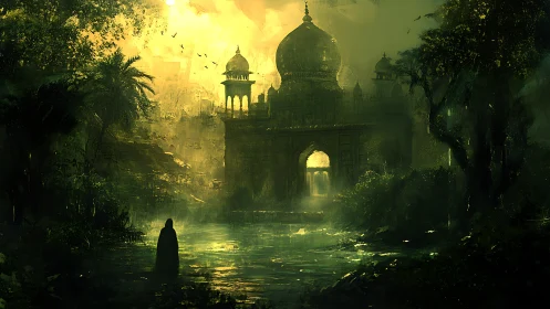 Mystical riverside temple glowing through emerald twilight.