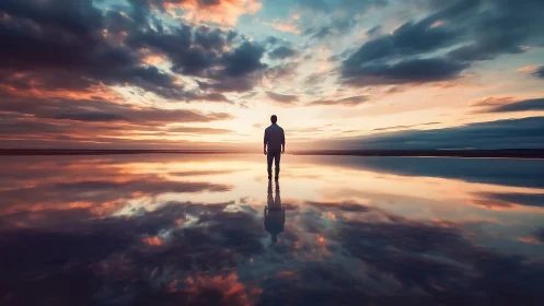 Solitary figure on reflective water surface at sunset.