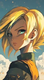 Storm-bright hero gazes ahead under a glowing sky