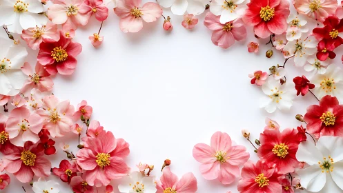 Pink and Red Cosmos Flowers Overhead Flat Lay Composition. Still Life