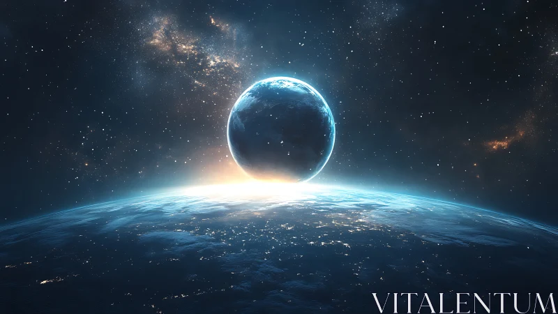 Celestial convergence over illuminated blue horizon.