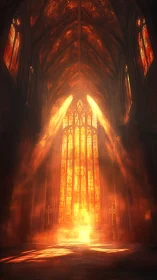 Cathedral Interior Illuminated by Intense Golden Light Source.